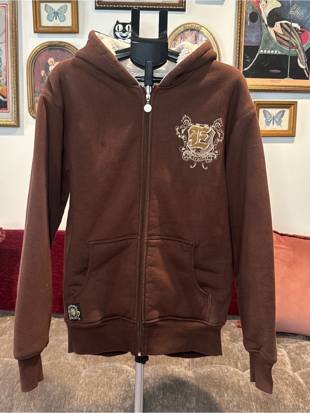 Y2K Ezekiel Brown Zip-Up Hoodie with Embroidered Crest